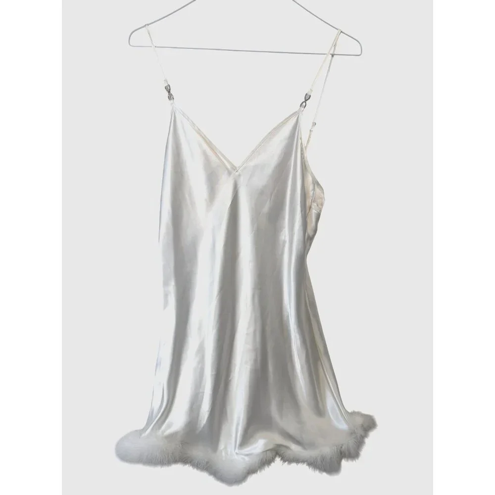 In Bloom by Jonquil sz S Hope Faux Feather Trim Satin Chemise Intimate Feminine - Picture 1 of 15